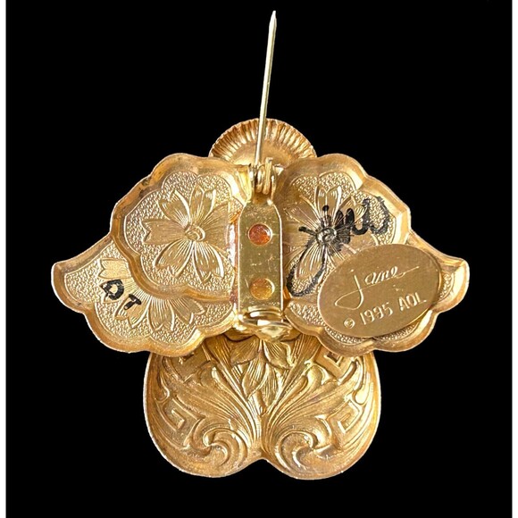 Vintage Angel Brooch by Jane Davis-Signed Gold Tone Metal Faux Pearl Rhinestone - Picture 3 of 3